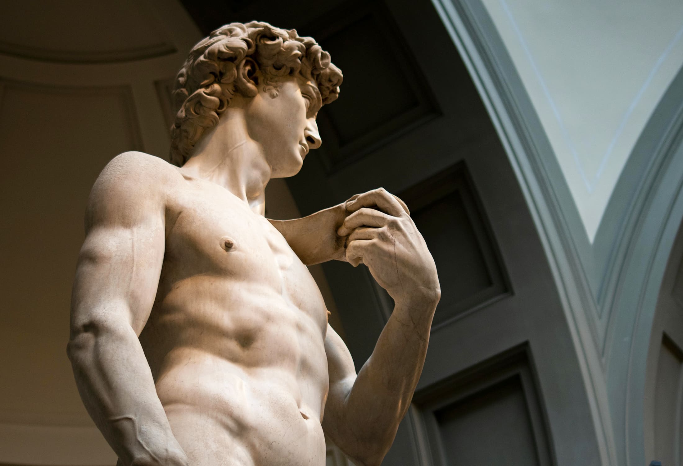 Side view of Michelangelo's David with shadows highlighting the anatomy of the sculpture.