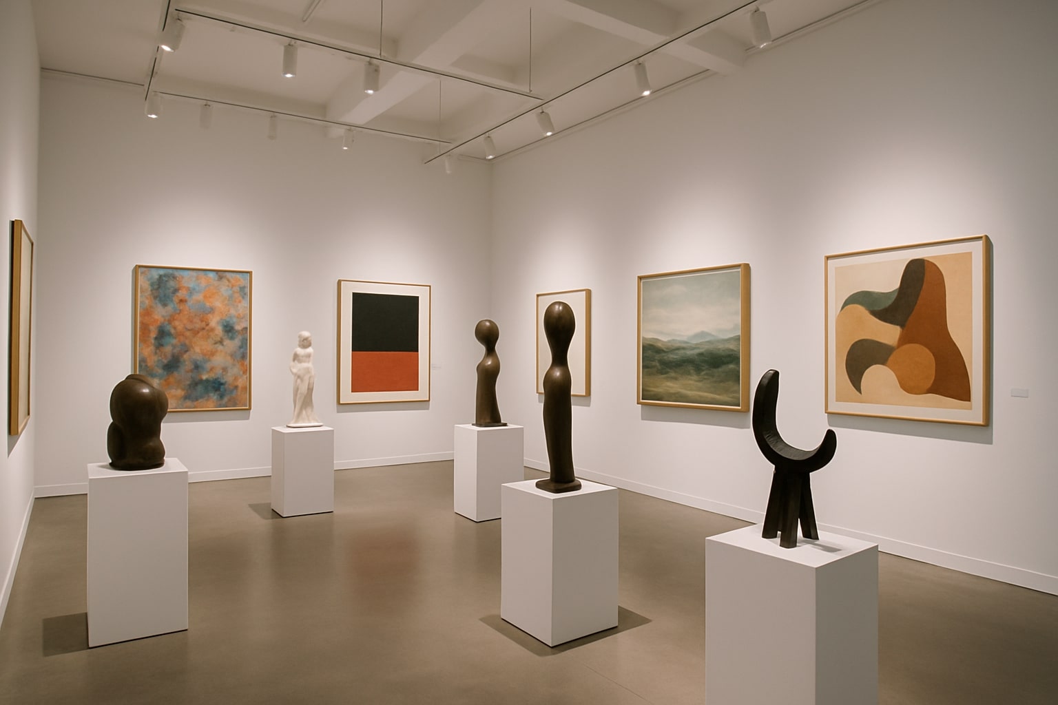 Galería de arte moderno con esculturas y cuadros de diferentes tamaños y estilos en un espacio expositivo iluminado