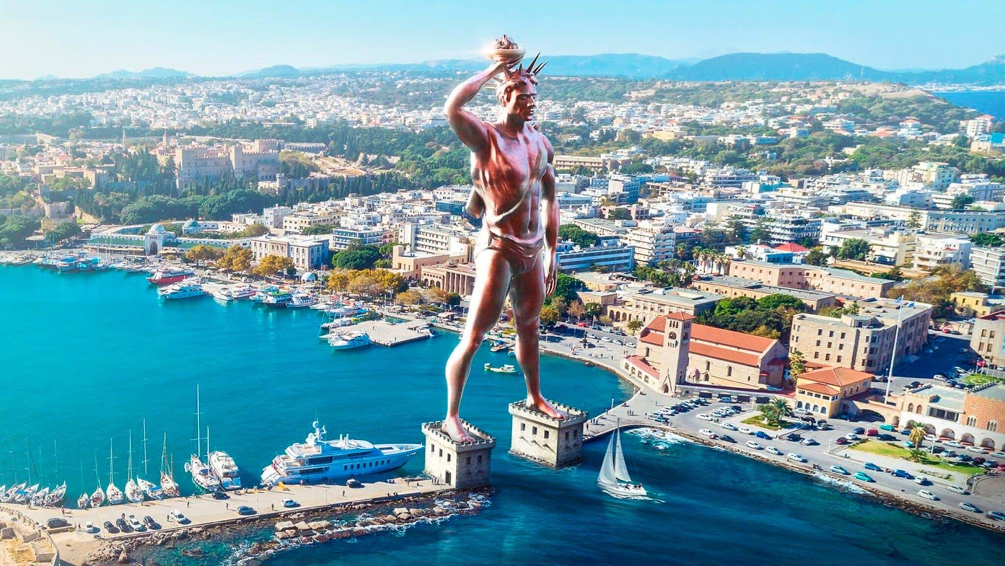 Recreación del Coloso de Rodas en el puerto de Mandraki, estatua de bronce de gran altura que simbolizaba la victoria de los rodios.