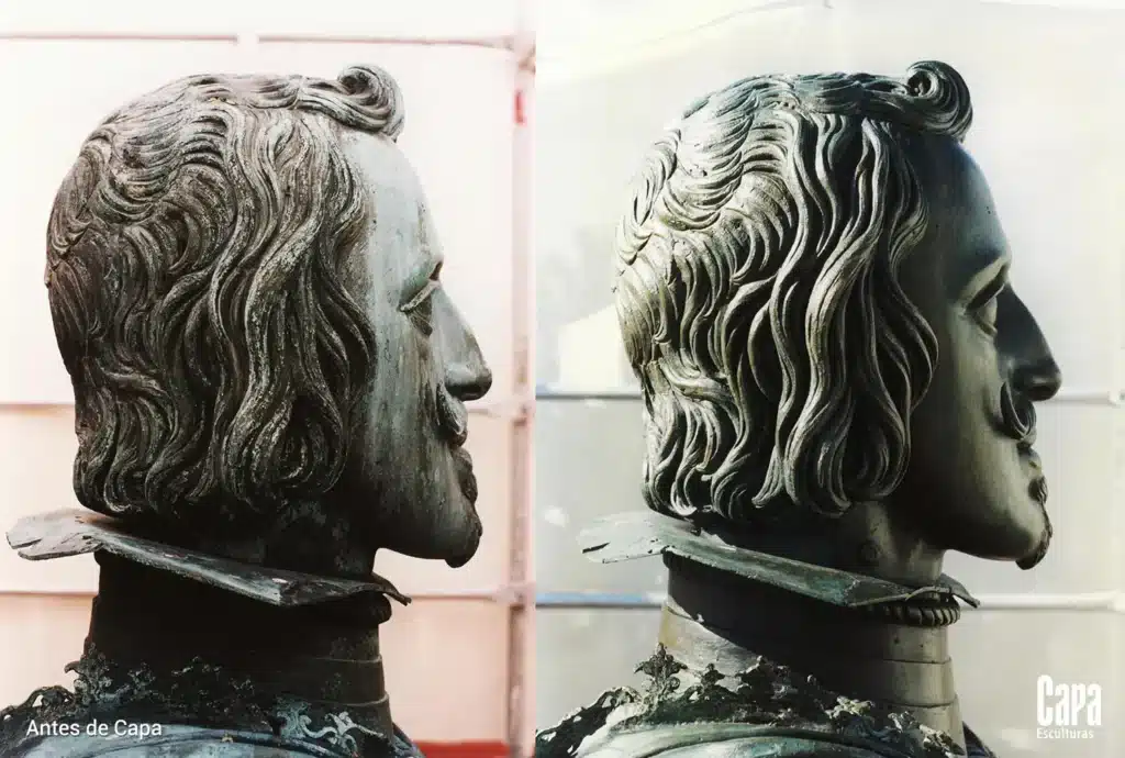 Comparativa de restauración del Monumento a Felipe IV en Plaza de Oriente, Madrid, por Capa Esculturas, destacando su renovado esplendor