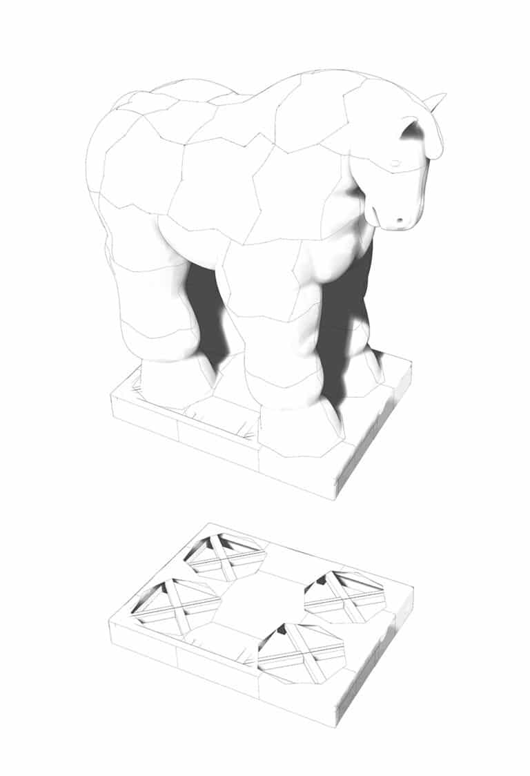Estructura de malla 3D de la obra "El Caballo" de Botero, destacando su geometría única para su fundición