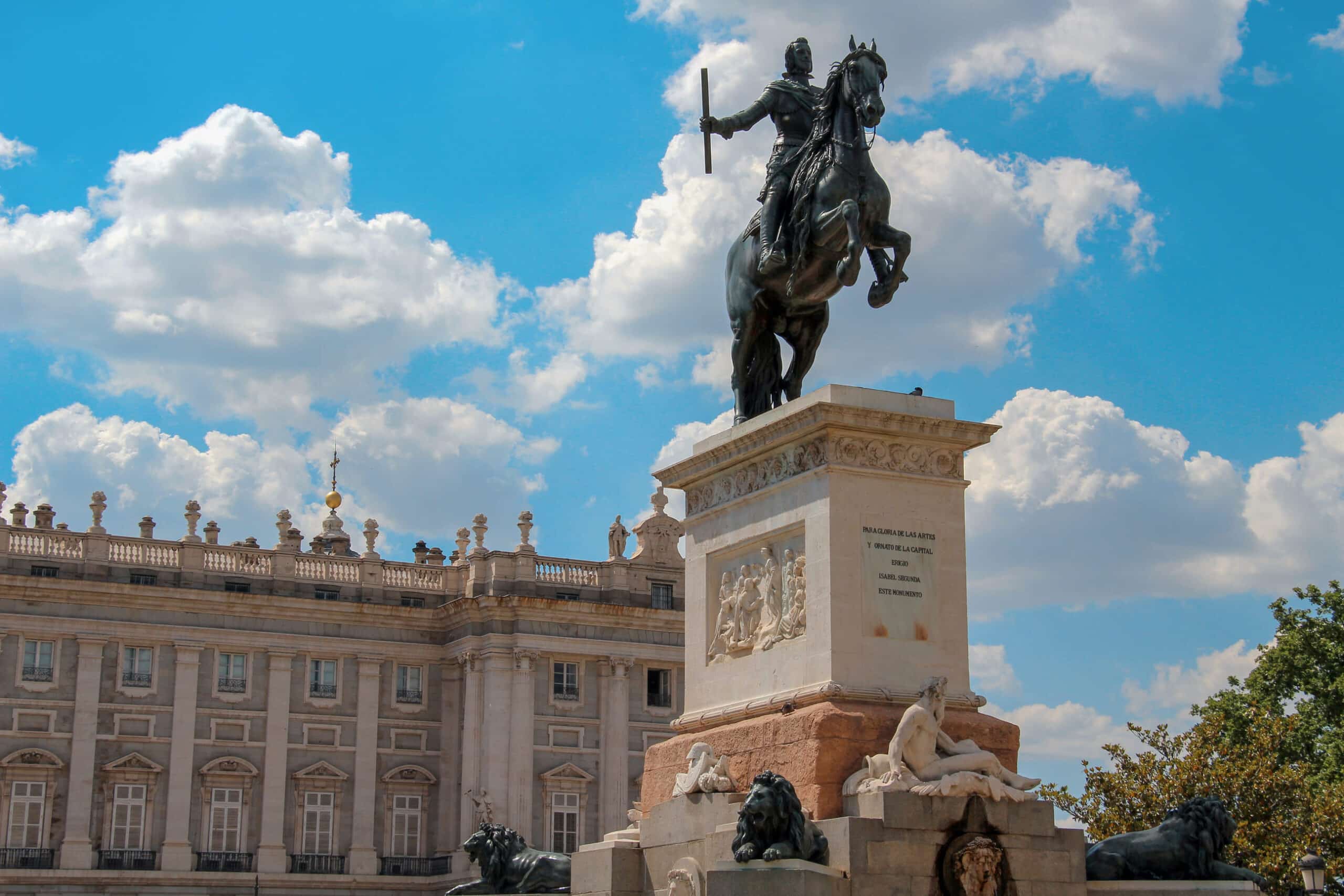 Monument to Philip IV in the Plaza de Oriente, Madrid, highlighting its historical design and balance on hind legs.