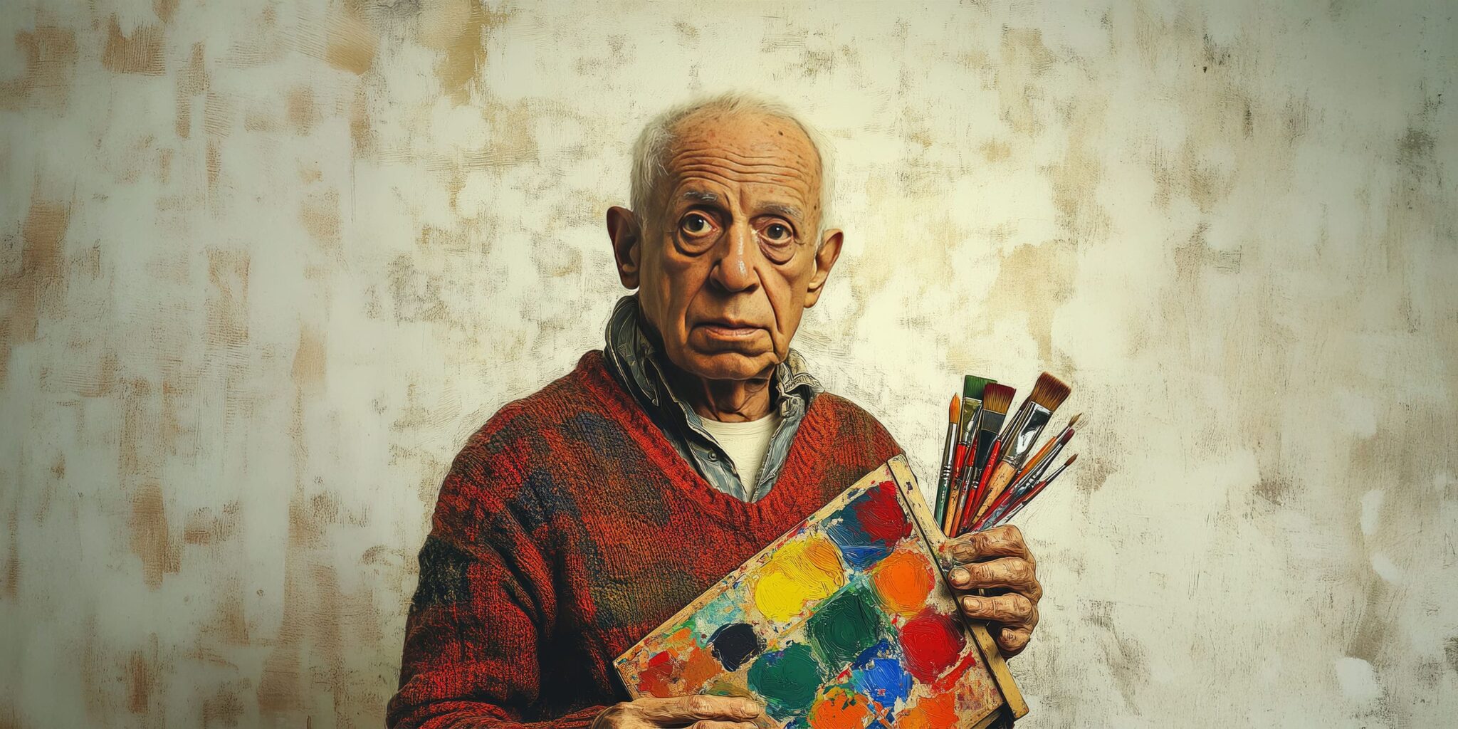 Retrato de Pablo Picasso sosteniendo una paleta de colores y pinceles, representando su faceta como pintor y creador total del arte moderno.