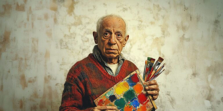 Retrato de Pablo Picasso sosteniendo una paleta de colores y pinceles, representando su faceta como pintor y creador total del arte moderno.