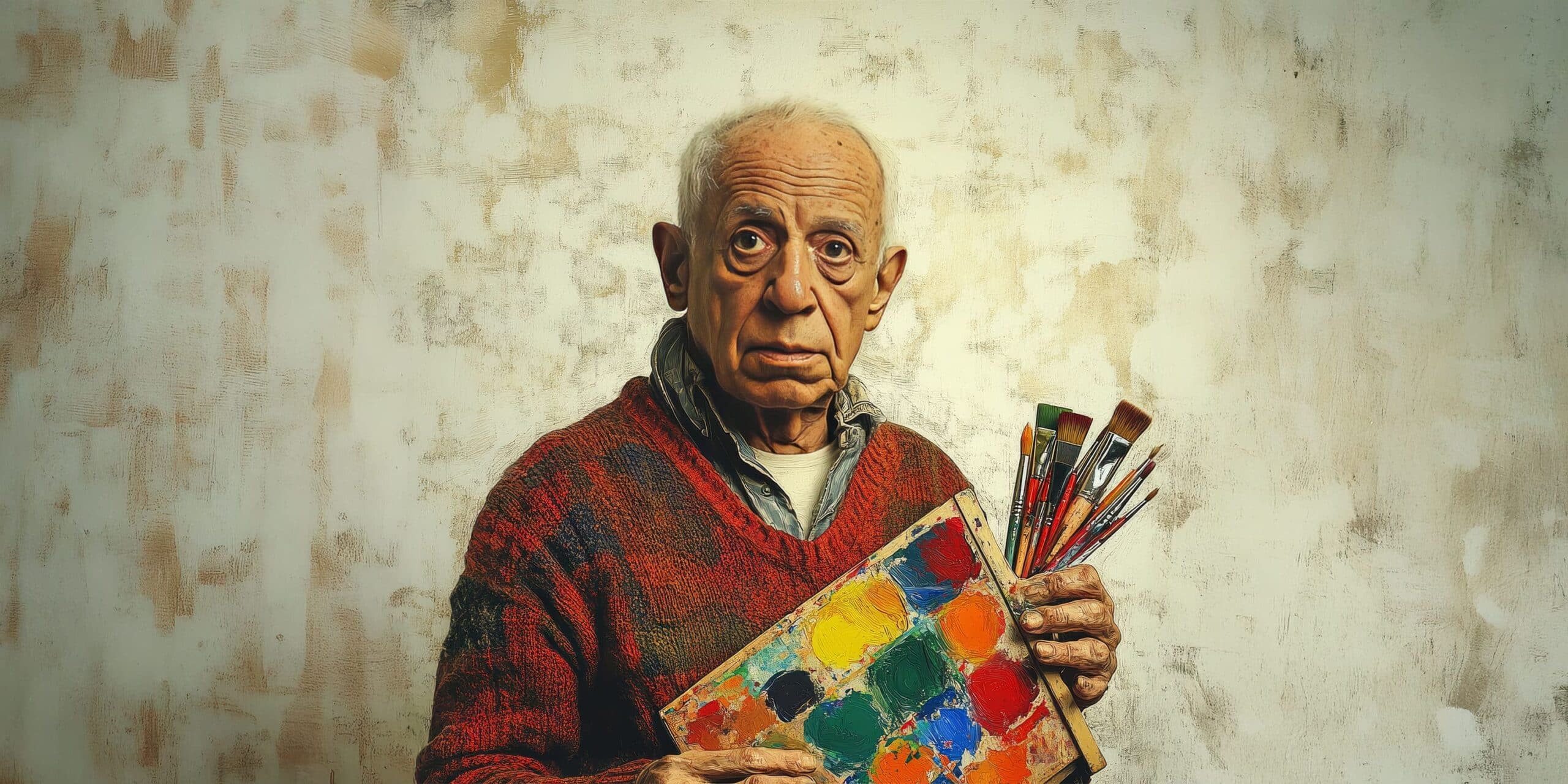 Retrato de Pablo Picasso sosteniendo una paleta de colores y pinceles, representando su faceta como pintor y creador total del arte moderno.