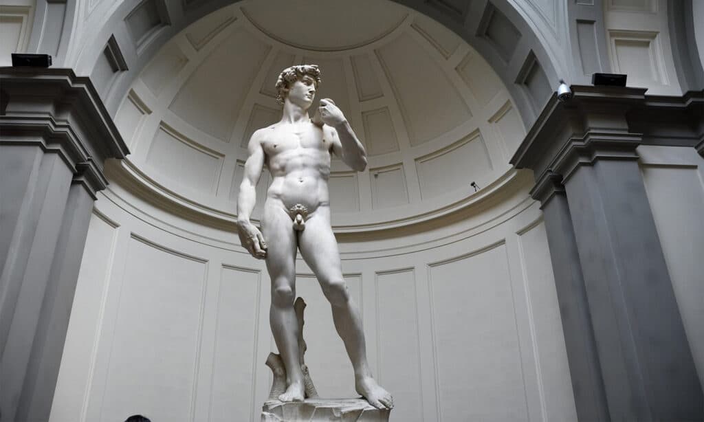 Escultura del David de Miguel Ángel en mármol, ejemplo de escultura renacentista italiana y perfección anatómica del Renacimiento