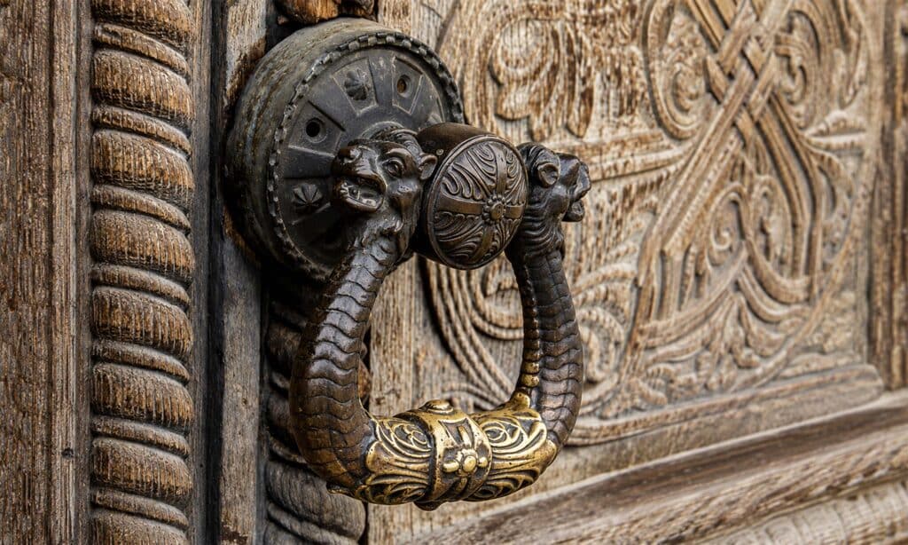 Aldaba de bronce ornamental con motivos escultóricos sobre una puerta de madera tallada.